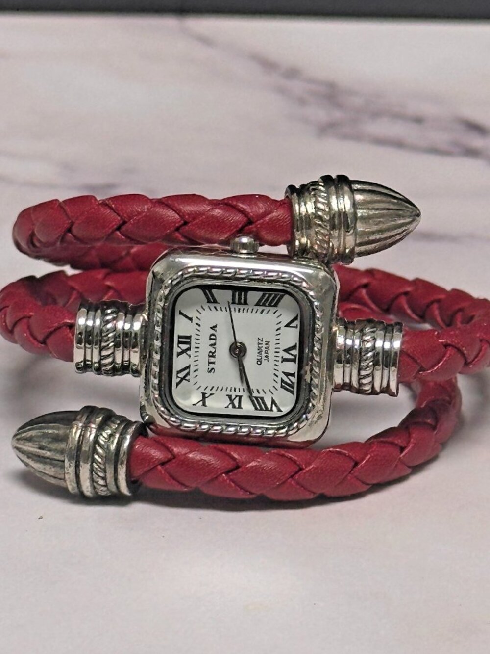 3/$30 Strada Watch Women Silver Tone Red Faux Leather Wrap Around Band
